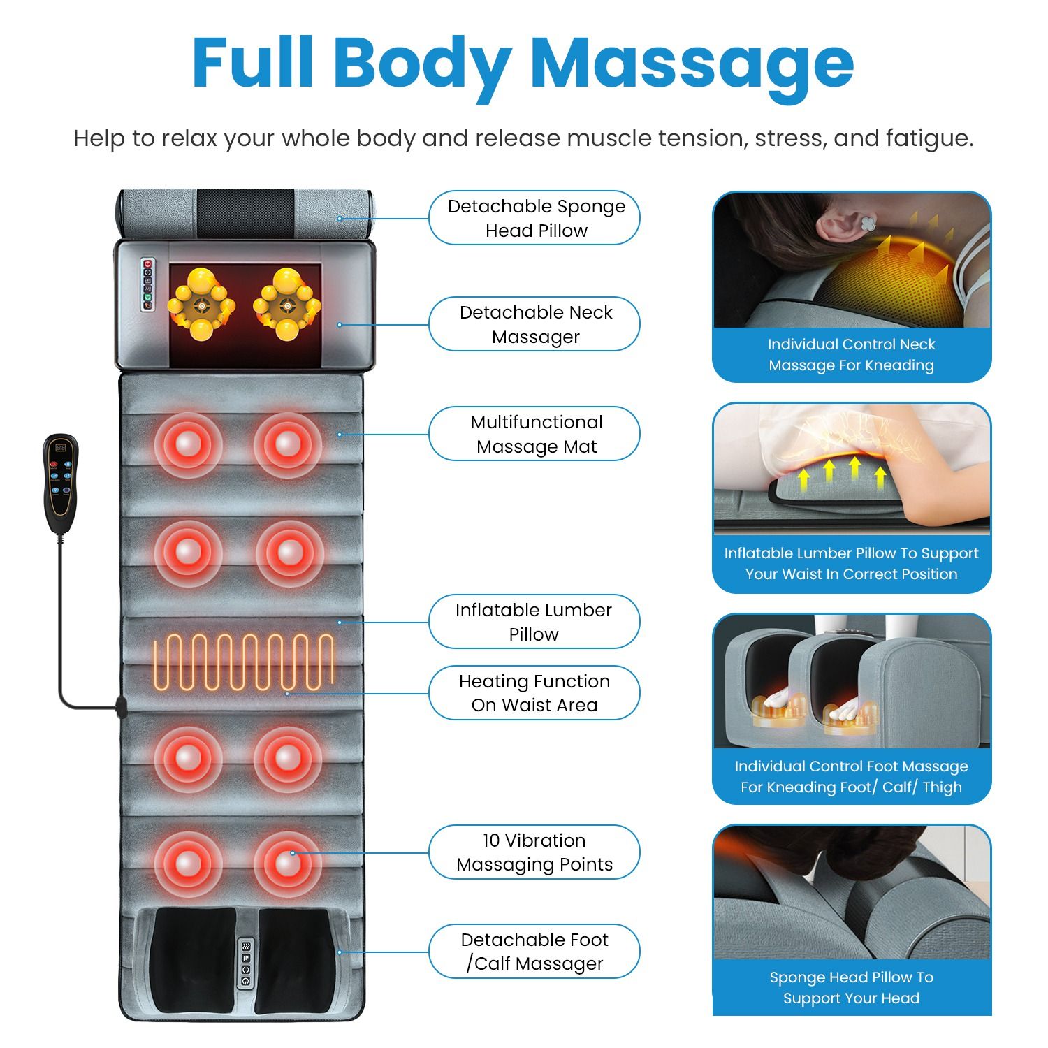 Full Body Electric Massage Mat Heating Vibration Massage Pad Cushion Back Massage Mattress Chair Pad with Neck Foot Massage Head Pillow and Cloth Lumbar Pillow Timer Anti-Slip Bottom Earplugs - Image 4