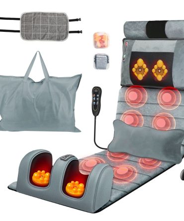 Full Body Electric Massage Mat Heating Vibration Massage Pad Cushion Back Massage Mattress Chair Pad with Neck Foot Massage Head Pillow and Cloth Lumbar Pillow Timer Anti-Slip Bottom Earplugs