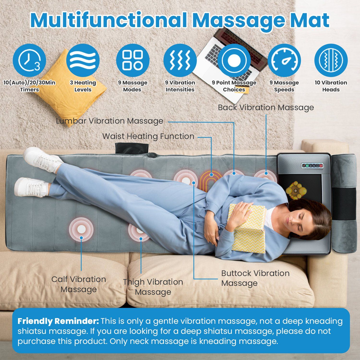 Full Body Electric Massage Mat Heating Vibration Massage Pad Cushion Back Massage Mattress Chair Pad with Neck Foot Massage Head Pillow and Cloth Lumbar Pillow Timer Anti-Slip Bottom Earplugs - Image 5