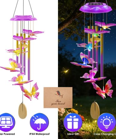 Solar Butterfly Wind Chime with Aluminum Tubes 7 Color Changing Wind Chime for Outside IP44 Waterproof Outdoor Garden Yard Decor