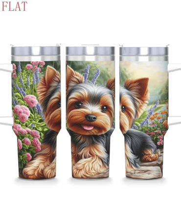 1pc 2D Flat Printed Yorkshire Terrier Tumbler, Stainless Steel Car Cup with Pastoral Floral Design, Cute Pet Style Water Bottle for Dog Lovers