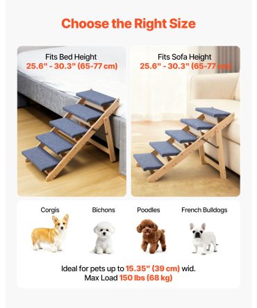 Wood Pet Stairs, 5-Step Dog Stairs for Beds, Sofa & Cars, 150lbs Load Capacity, Floded Flat Design, Stable & Sturdy Cat & Dog Step Ladder for Small Medium Large Older Pet Puppy Essentials