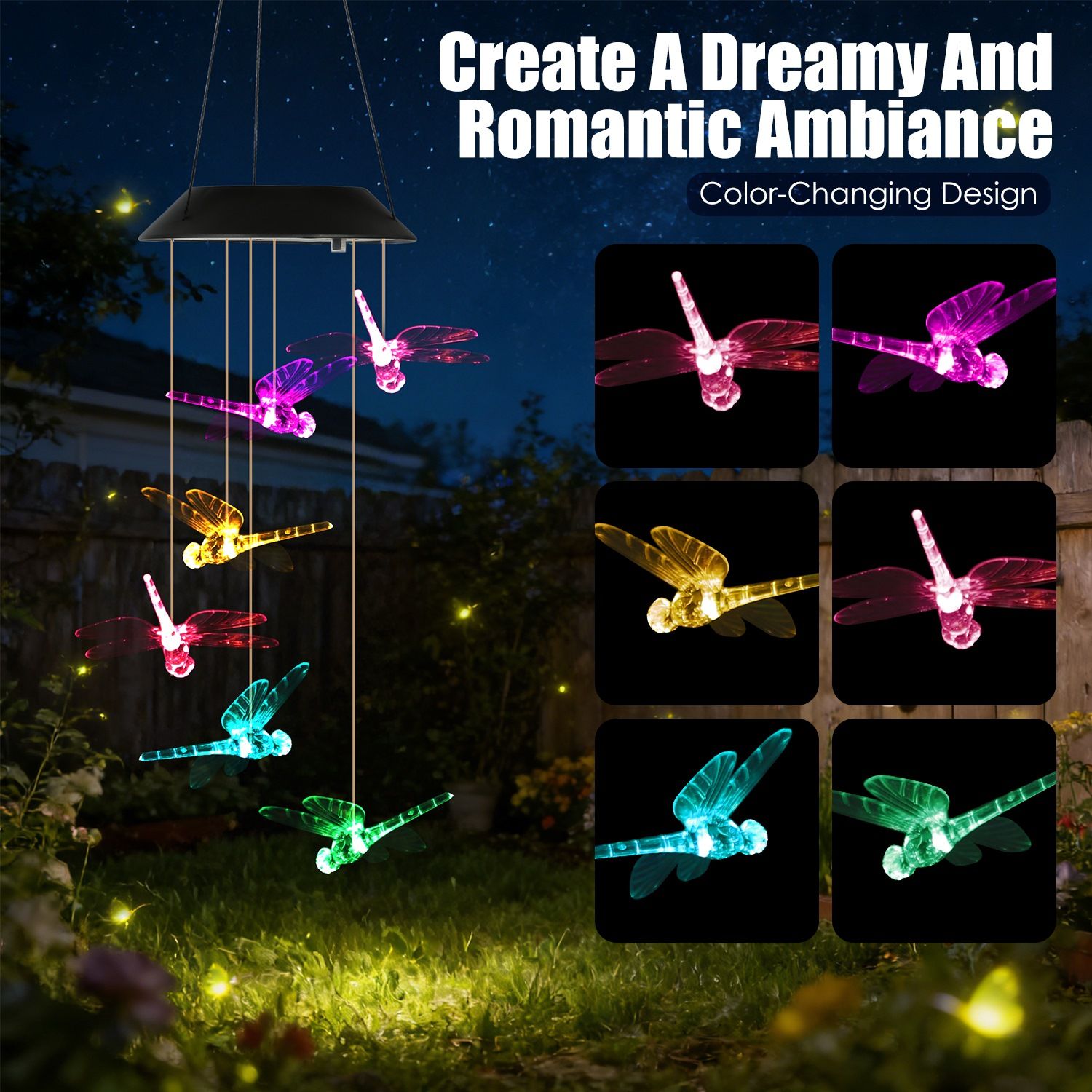 1Pc / 2Pcs Options -- Solar Dragonfly Wind Chimes 7 Color Changing Wind Chimes for Outside IPX4 Waterproof Outdoor Garden Yard Decor Spring Summer - Image 4