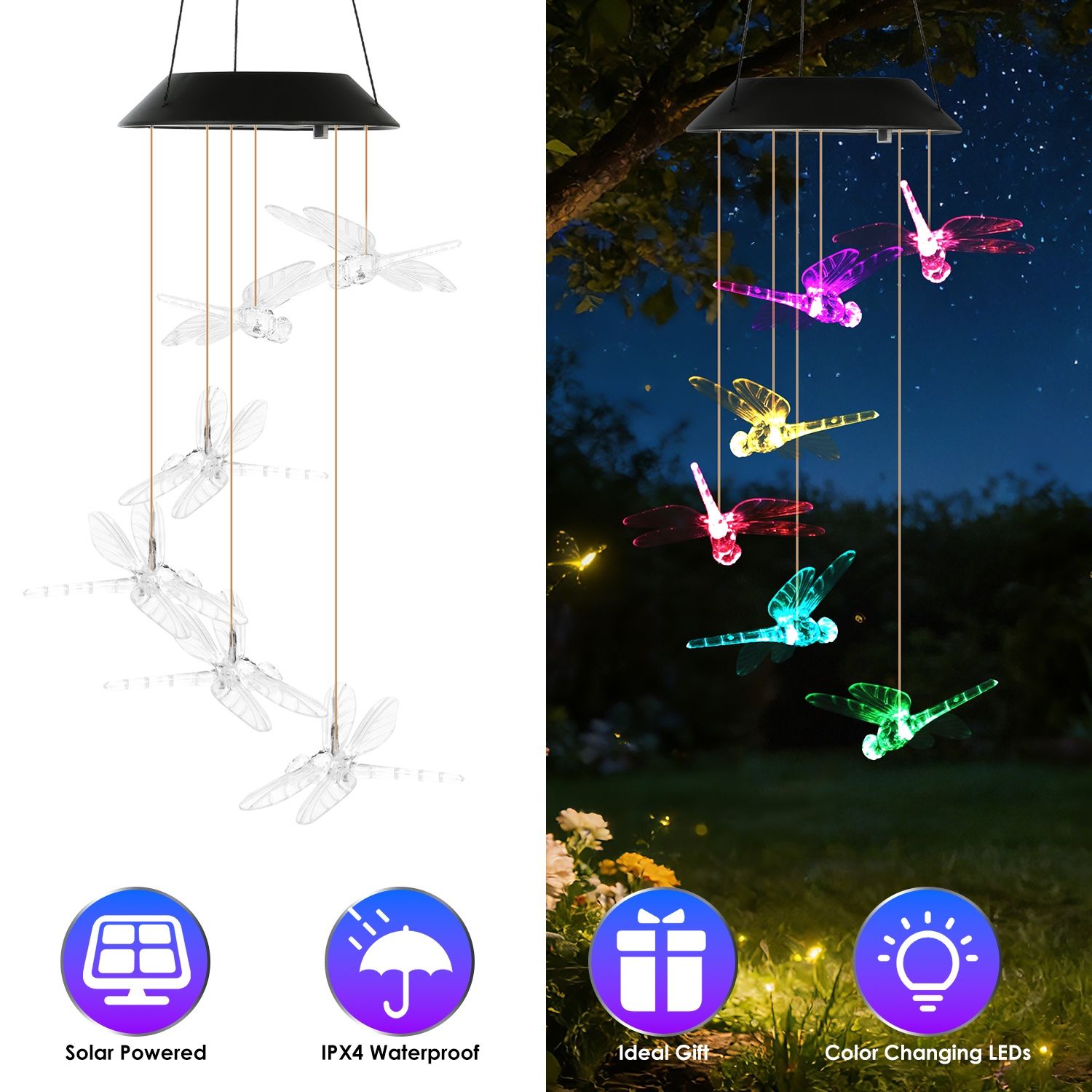 1Pc / 2Pcs Options -- Solar Dragonfly Wind Chimes 7 Color Changing Wind Chimes for Outside IPX4 Waterproof Outdoor Garden Yard Decor Spring Summer