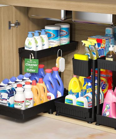 3 Pack Multi-Purpose Pull-Out Storage Organizers, 2-Tier L-Shaped Under Sink/Cabinet Organizers and Storage for Bathroom & Kitchen, Black, 12.8 Inches