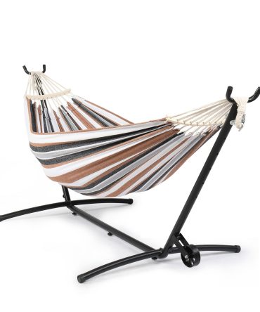 Double Hammock with Spreader Bar & Heavy-Duty 9ft Steel Wheel Stand, Brazilian Hammock Set, Portable Hammock with Stand for Outside, Backyard, Camping, Includes Carry Bag, Black & Coffee Strip