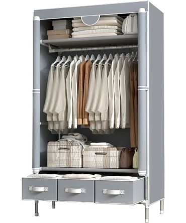 Portable Clothes Closet Rolling Door Wardrobe with Hanging Rack Non-Woven Fabric Storage Organizer with Three Drawer Boxes No-Tool Assembly - 35.4 x 17.7 x 67.0 in (Gray)