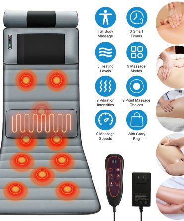 Vibration Massage Mat (Full Body) + Neck Kneading Massager - 20 Nodes, 3 Massage Modes/Speeds, 9 Vibration Settings, 3-Level Lumbar Heat, Inflatable Waist Pillow - Perfect Gift for Family