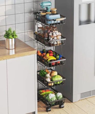 5 Tier Fruit Vegetable Basket for Kitchen, Storage Cart, Vegetable Basket Bins, Wire Storage Organizer Utility Cart with Wheels, Medium, Black