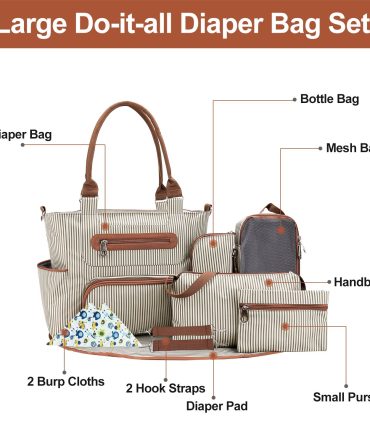 8Pcs Baby Nappy Diaper Bags Set for Mom Dad Mummy Handbags Multifunctional Diaper Changing Bags with Bottle Bag Mesh Bag Purse Diaper Pad 2 Burp Cloths 2 Hook Straps