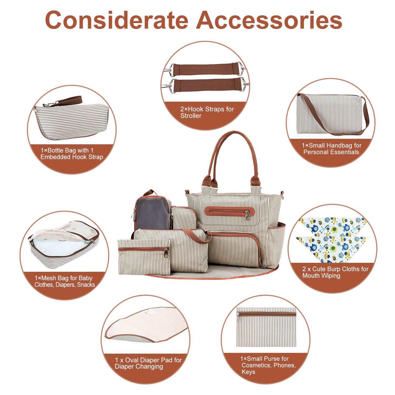 8Pcs Baby Nappy Diaper Bags Set for Mom Dad Mummy Handbags Multifunctional Diaper Changing Bags with Bottle Bag Mesh Bag Purse Diaper Pad 2 Burp Cloths 2 Hook Straps - Image 5
