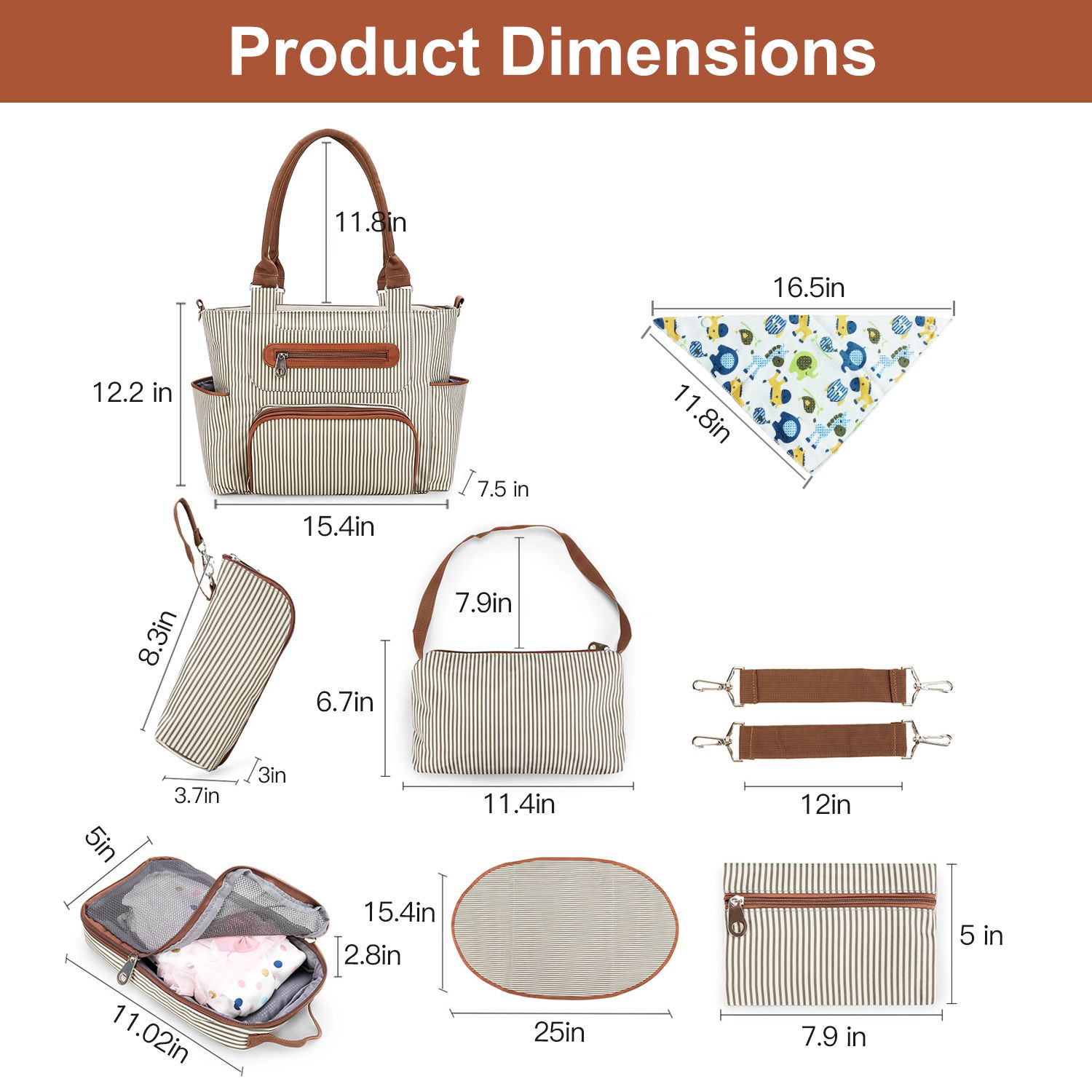8Pcs Baby Nappy Diaper Bags Set for Mom Dad Mummy Handbags Multifunctional Diaper Changing Bags with Bottle Bag Mesh Bag Purse Diaper Pad 2 Burp Cloths 2 Hook Straps - Image 7