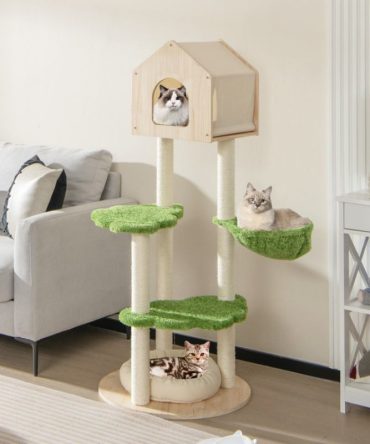 55 Inch Tall Cat Climbing Stand with Sisal Scratching Posts and Soft Cat Bed for Indoor Kittens