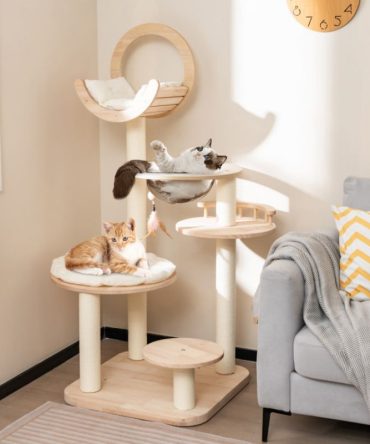 4-in-1 Large Wooden Cat Tower with Space Capsule Nest for Indoor Cats