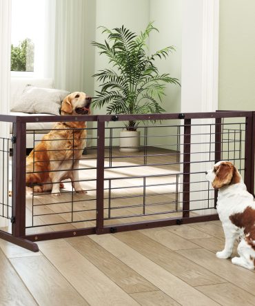 38"-71" Adjustable Wooden Pet Gate for Dogs, Indoor Freestanding Dog Fence for Doorways, Stairs, Deep Brown