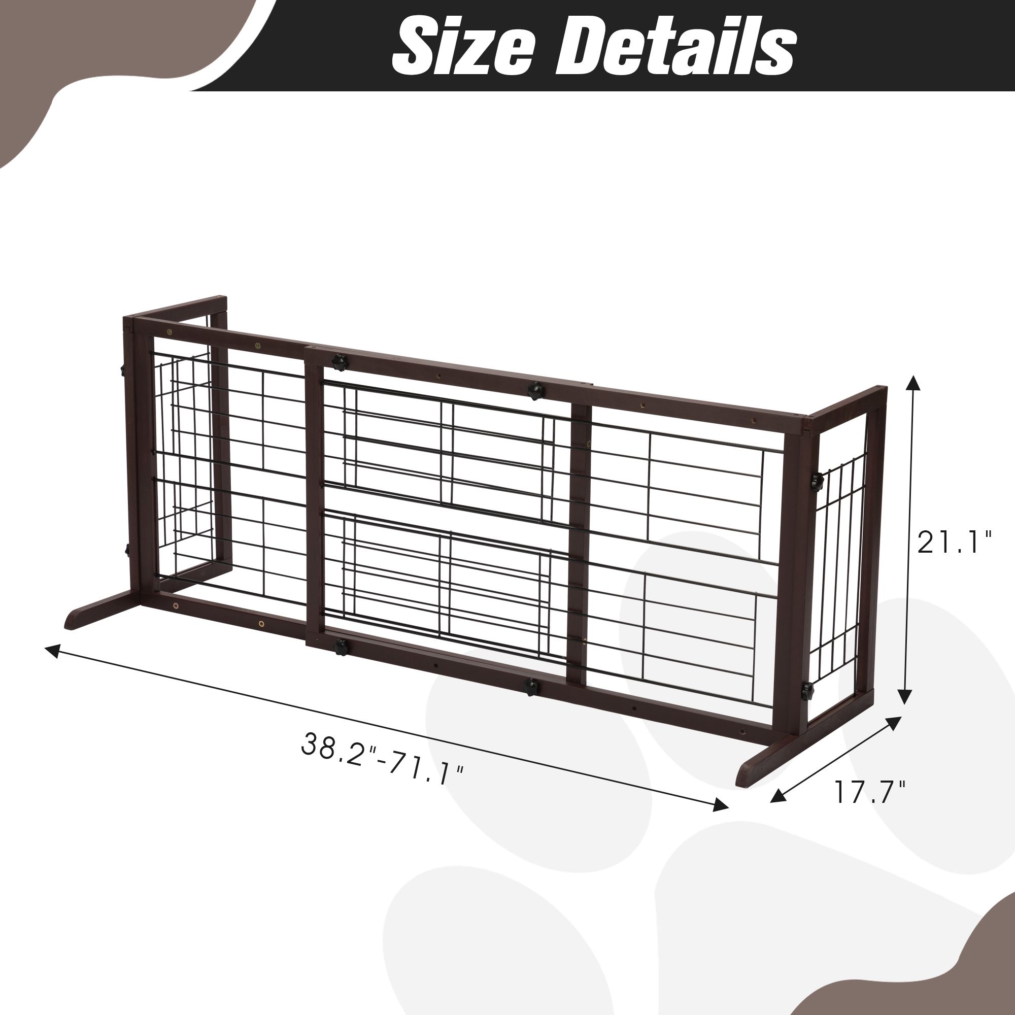 38"-71" Adjustable Wooden Pet Gate for Dogs, Indoor Freestanding Dog Fence for Doorways, Stairs, Deep Brown - Image 8