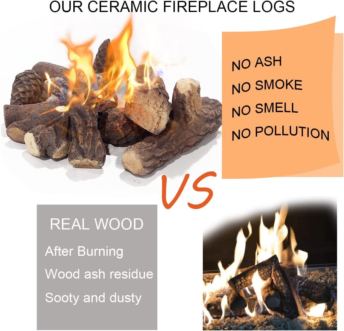 9 Pcs Fake Gas Fireplace Logs ; Ceramic Wood Fire Pit Logs Sets for Indoor or Outdoor Fireplace - Image 5