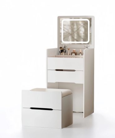 (48CM) 3 in 1 Vanity Desk with Plip Top Mirror,Small Make Up Vanity Set with Visible Glass Desktop,Compact Makeup Vanity with 3 Drawers,Cushioned Tool,Dressing Table for Bedroom