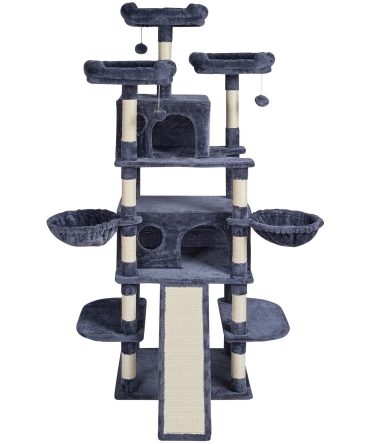 Cat Tree for Indoor Cats, 68.5" Cat Tower with 2 Cat Condos, Sisal Scratching Post, Hammocks, Top Perches, Jumping Platforms and Ramp, Cat Furniture Activity Center with Hang Balls, Dark Grey