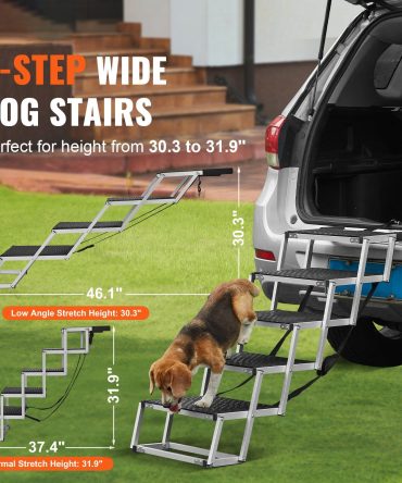 Dog Stair for Cars, Wide 5-step Dog Car Steps, Folding Dog Car Ramp with Nonslip Surface, Portable Pet Steps Lightweight Aluminum for Car, SUV and Truck, Supports up to 150 lbs