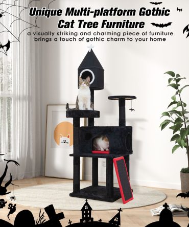 Gothic Cat Tree with Coffin Bed, 64in Black Cat Tower with Condo, Platform, Sisal Scratching Posts, Perch, Ramp, Toy, Cat Furniture, Cat House for Indoor Cats