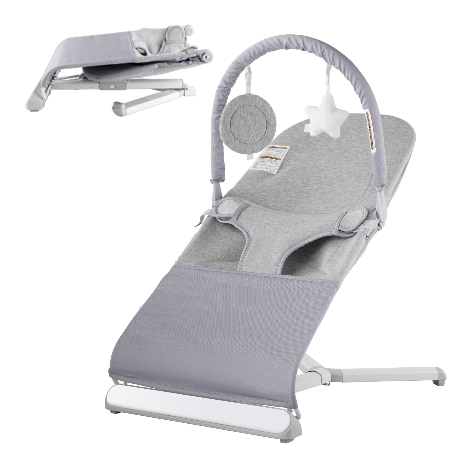 Baby Bouncer, Folding Bouncer Seat for Babies 0-9 Months, Newborn Bouncer Chair with 2 Reclining Angles & Rotatable Toy Bar, Portable Infant Rocker with Travel Bag for Indoor Outdoor, Light Gray - Image 5