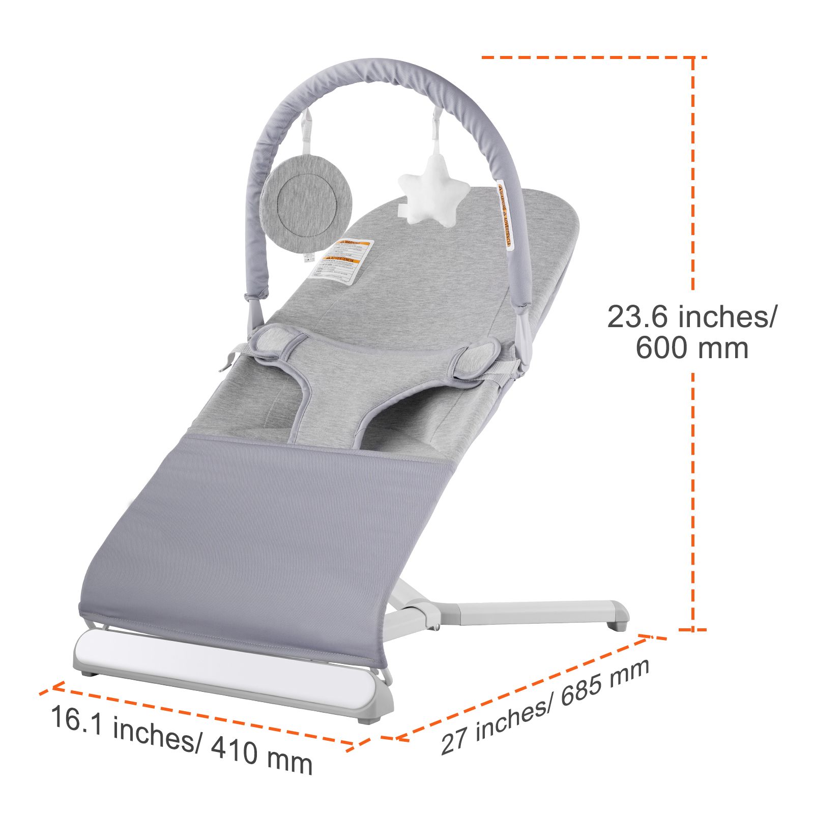 Baby Bouncer, Folding Bouncer Seat for Babies 0-9 Months, Newborn Bouncer Chair with 2 Reclining Angles & Rotatable Toy Bar, Portable Infant Rocker with Travel Bag for Indoor Outdoor, Light Gray - Image 6