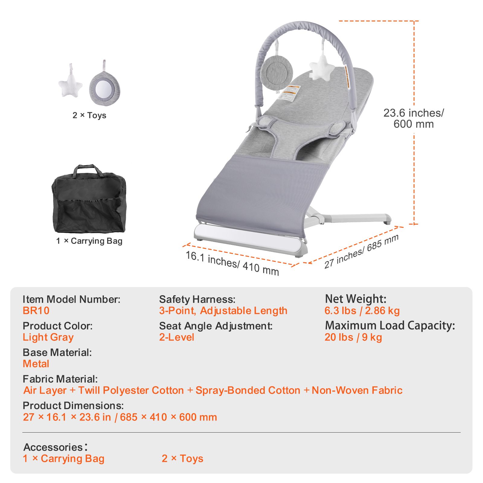 Baby Bouncer, Folding Bouncer Seat for Babies 0-9 Months, Newborn Bouncer Chair with 2 Reclining Angles & Rotatable Toy Bar, Portable Infant Rocker with Travel Bag for Indoor Outdoor, Light Gray - Image 8