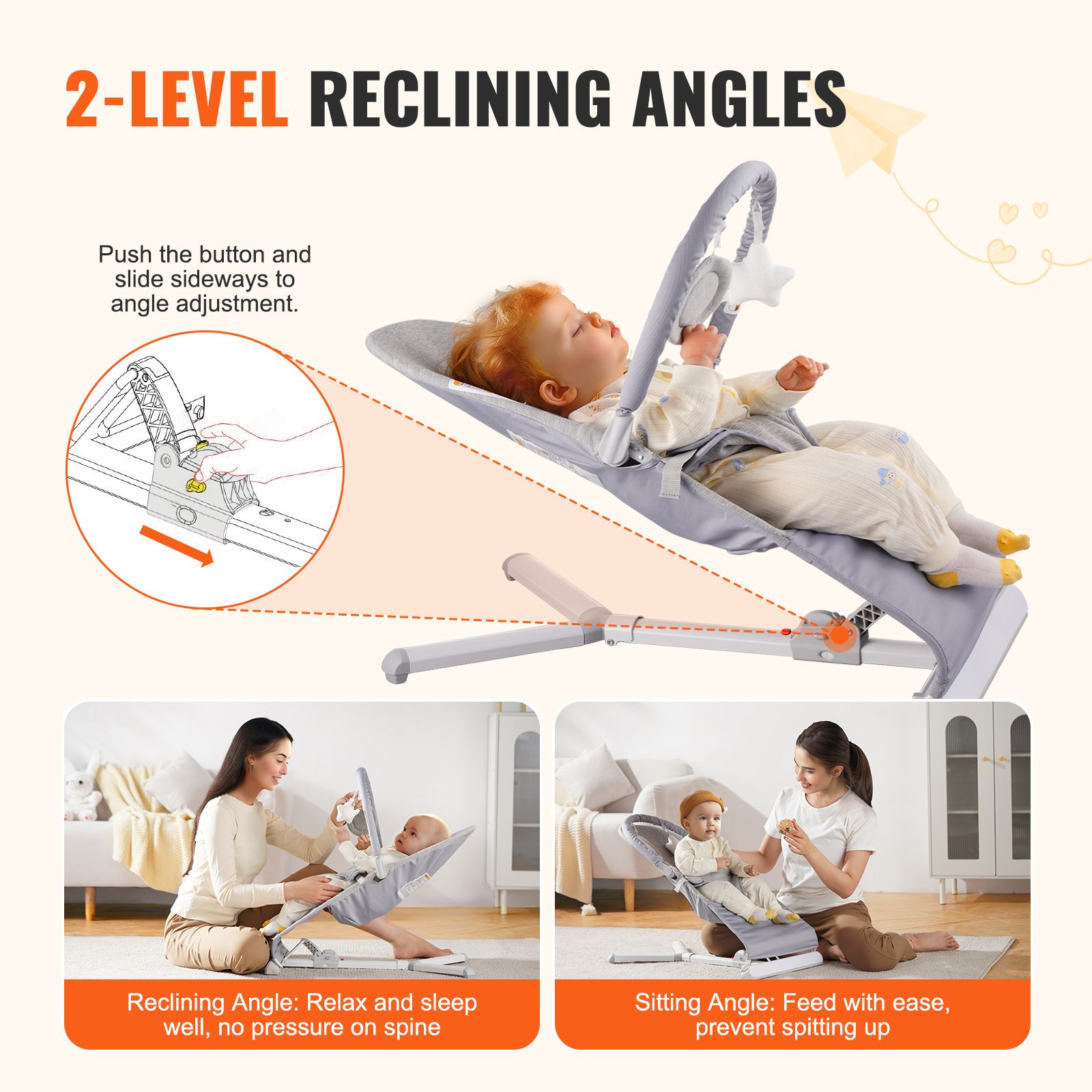 Baby Bouncer, Folding Bouncer Seat for Babies 0-9 Months, Newborn Bouncer Chair with 2 Reclining Angles & Rotatable Toy Bar, Portable Infant Rocker with Travel Bag for Indoor Outdoor, Light Gray - Image 10