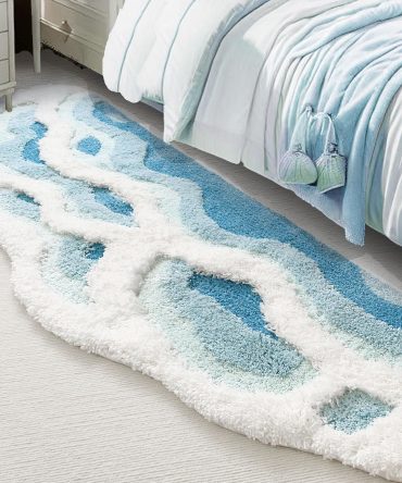 Soft Shag 3D Stereo Wave Moss Bedside Rug Cute Navy Blue Runner Rug Non Slip Washable Bathroom Rugs Bath Mats for Bedroom Bathroom Hallway Home Decor Indoor Doormat Shower Mat