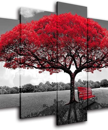 Red Tree Canvas Wall Art Living Room Decor-Nature Wall Art-Red and Black Forest Wall Pictures- Canvas Prints Landscape Painting Modern Artwork for Bedroom Home Wall Decoration-5 Pieces