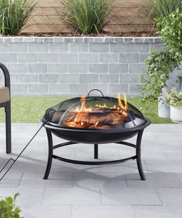 26" Round Iron Outdoor Wood Burning Fire Pit, Black