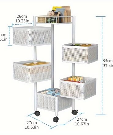 Rotating Kitchen Storage Shelf 5 Tier, Metal Fruit Vegetable Storage Basket Multi-Layer Vegetable Rack Storage Trolley on Wheels, Floor-Standing Basket for Kitchen Bathroom, Square