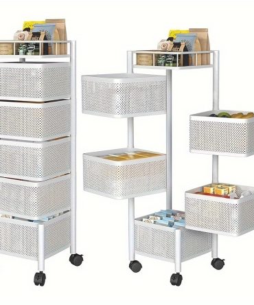 Rotating Kitchen Storage Shelf 5 Tier, Metal Fruit Vegetable Storage Basket Multi-Layer Vegetable Rack Storage Trolley on Wheels, Floor-Standing Basket for Kitchen Bathroom, Square