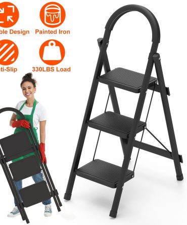 3-Step Folding Ladder, 330lbs Load Capacity, Lightweight 6.94lbs with 1.57in Folding Width, Heavy Duty Steel Construction, Non-Slip Pedals & Feet, Safety Lock, Multi-Use for Home Kitchen Living Room