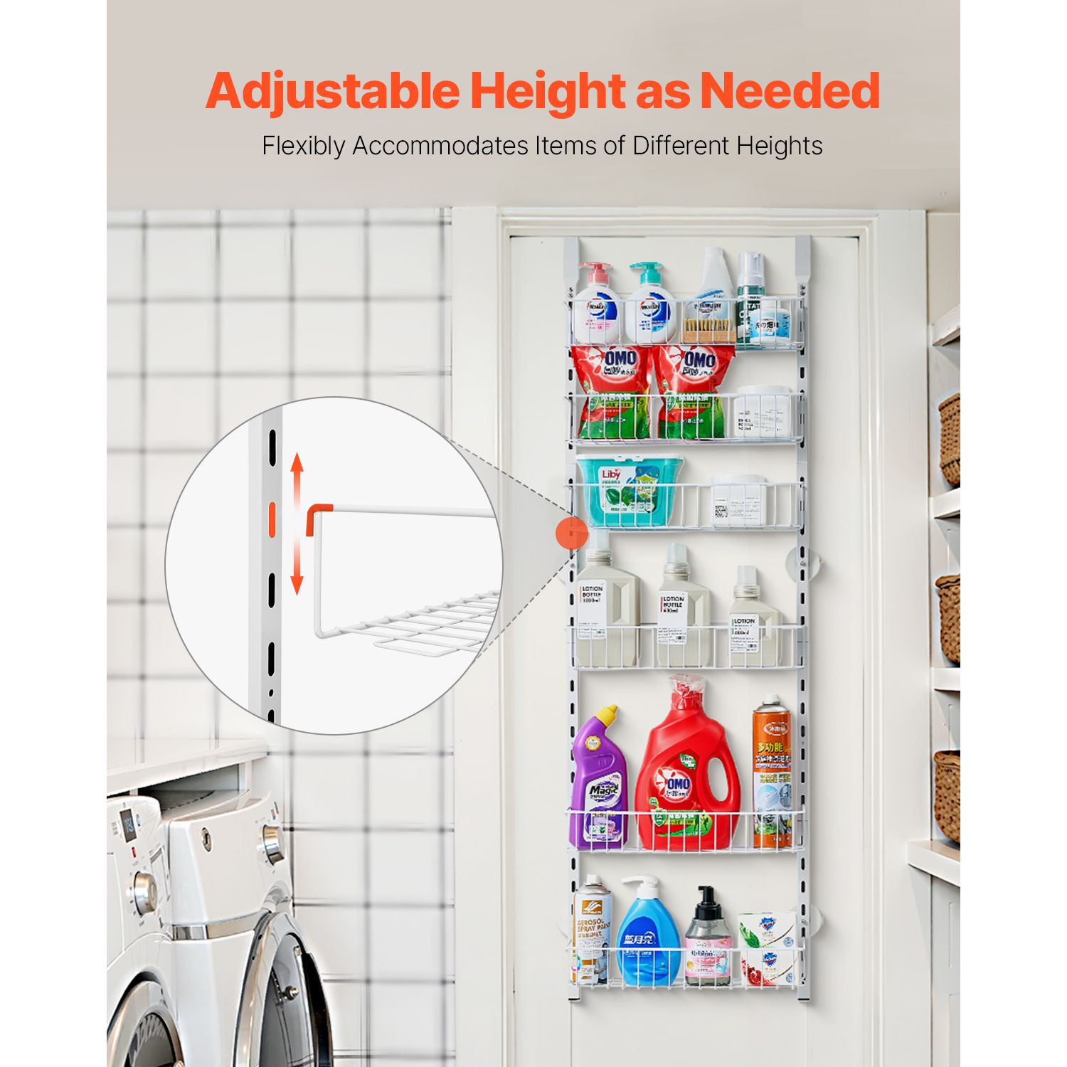 Over the Door Pantry Organizer, 6-Tier Pantry Organization and Storage, Heavy-Duty Steel Hanging Spice Rack, Adjustable Wall Seasoning Shelves, for Home Kitchen Laundry Room Bathroom, White - Image 5