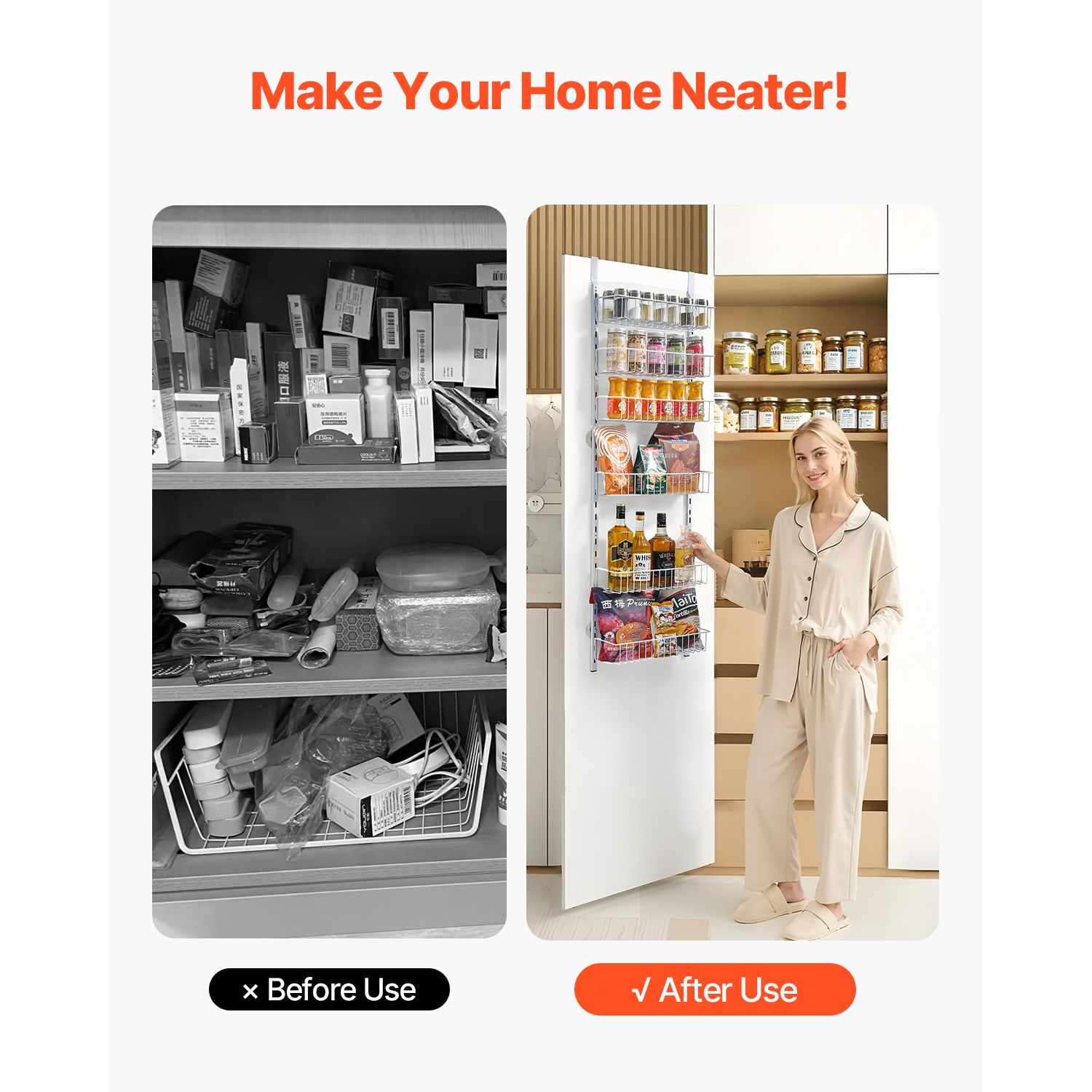 Over the Door Pantry Organizer, 6-Tier Pantry Organization and Storage, Heavy-Duty Steel Hanging Spice Rack, Adjustable Wall Seasoning Shelves, for Home Kitchen Laundry Room Bathroom, White - Image 7