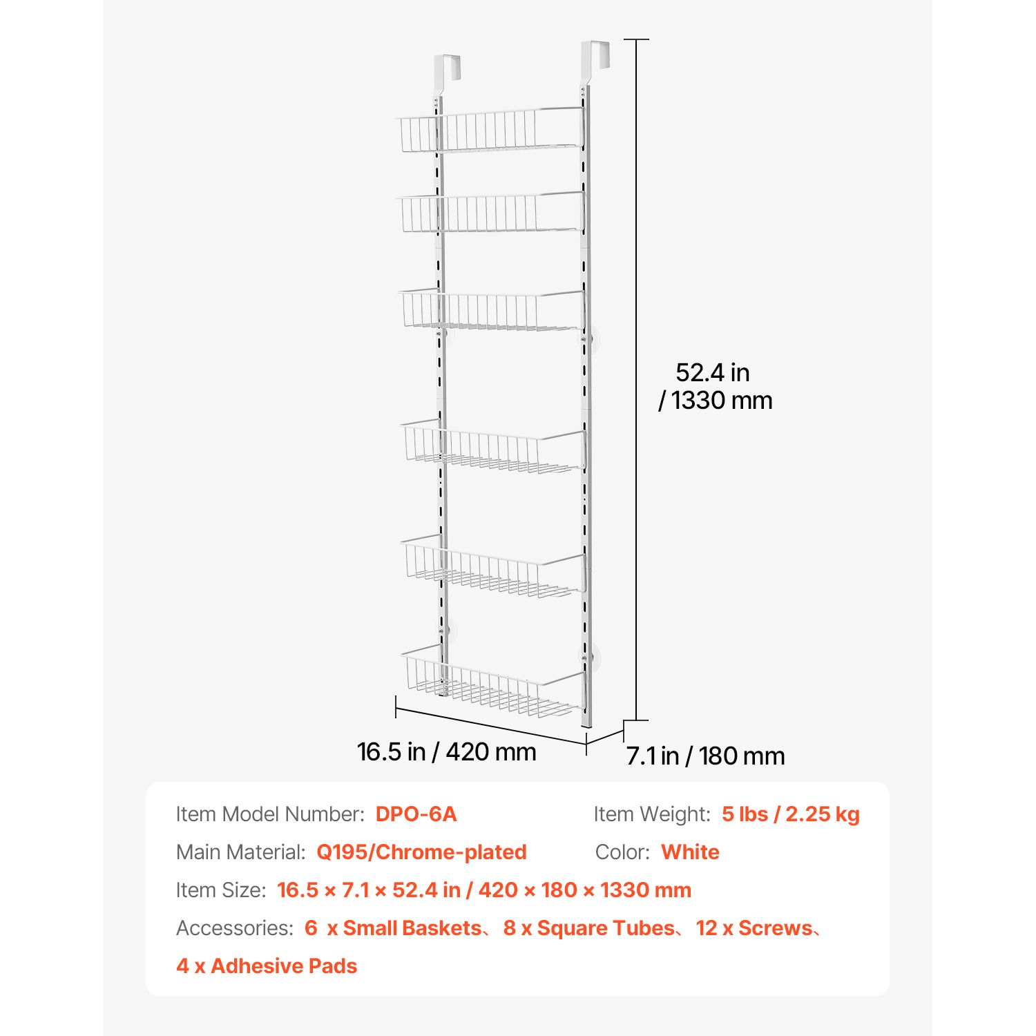 Over the Door Pantry Organizer, 6-Tier Pantry Organization and Storage, Heavy-Duty Steel Hanging Spice Rack, Adjustable Wall Seasoning Shelves, for Home Kitchen Laundry Room Bathroom, White - Image 8