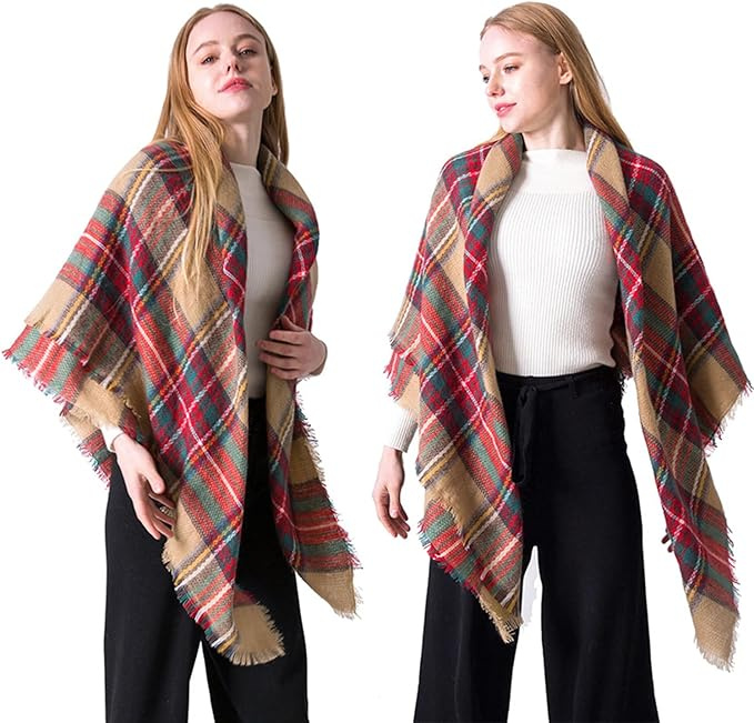 Womens Fall Winter Scarf Plaid Tassel Soft Warm Blanket Scarves Womens Shawl Wraps - Image 5