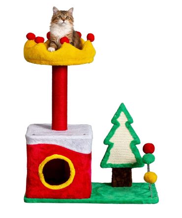 29.5in Christmas Themed Plush Cat Tree, Multi-level Cat Tower with Cat Condo, Top Crown Perch, Sisal Scratching Posts, Cat Pet Activity Center for Indoor Cats