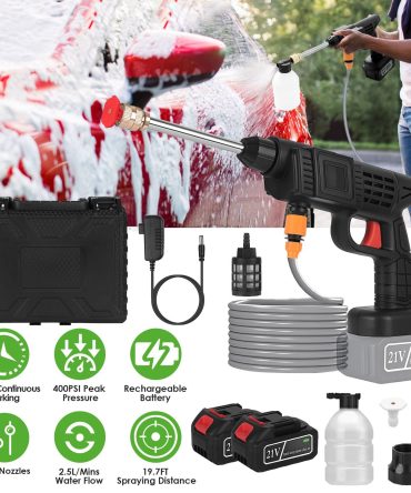 Cordless Pressure Washer 400PSI, 300W Portable Power Washer with 2 Nozzles & Foam Bottle, 1200mAh Rechargeable Battery for Car Bike Patio Window Fence Cleaning
