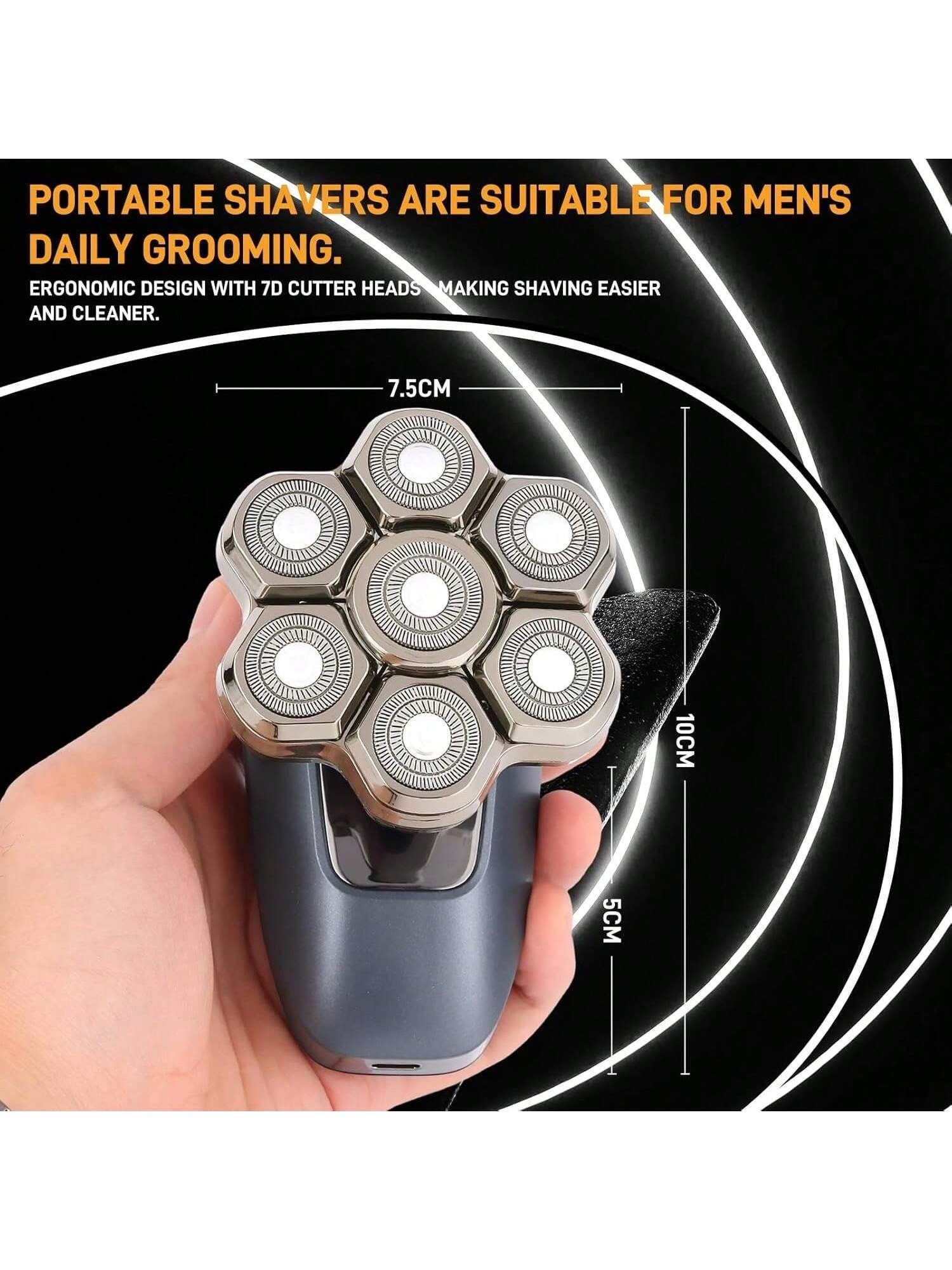 Head Shaver for Bald Men, 7D Electric Rotary Razor 5-in-1 Grooming Kit with Nose Hair Trimmer, Sideburn Clipper & Facial Brush, USB Rechargeable Wet & Dry IPX6 Waterproof Shaver with LED Display - Image 2