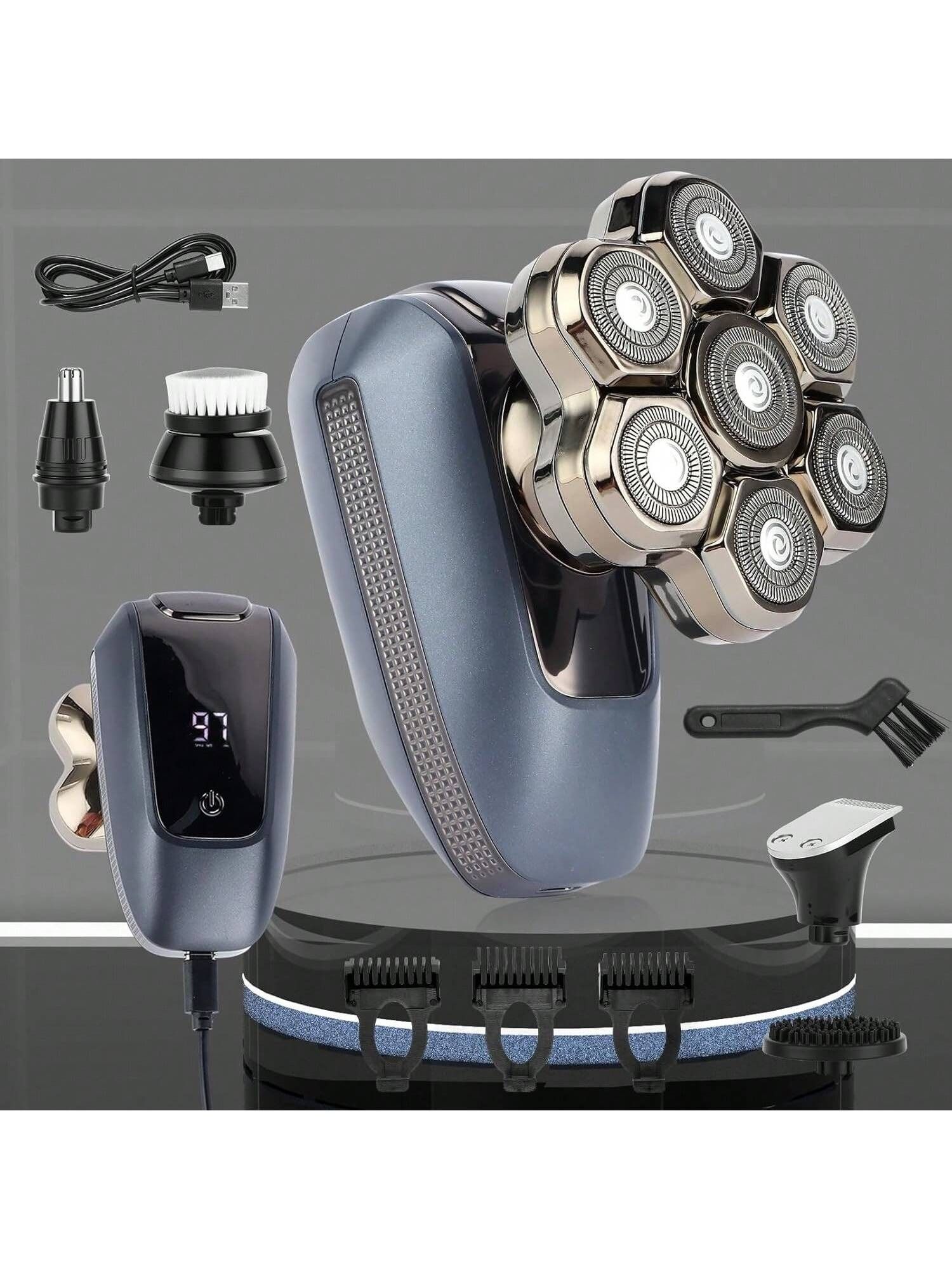 Head Shaver for Bald Men, 7D Electric Rotary Razor 5-in-1 Grooming Kit with Nose Hair Trimmer, Sideburn Clipper & Facial Brush, USB Rechargeable Wet & Dry IPX6 Waterproof Shaver with LED Display - Image 3