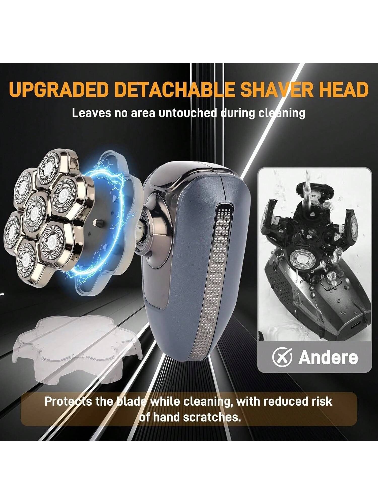Head Shaver for Bald Men, 7D Electric Rotary Razor 5-in-1 Grooming Kit with Nose Hair Trimmer, Sideburn Clipper & Facial Brush, USB Rechargeable Wet & Dry IPX6 Waterproof Shaver with LED Display - Image 4