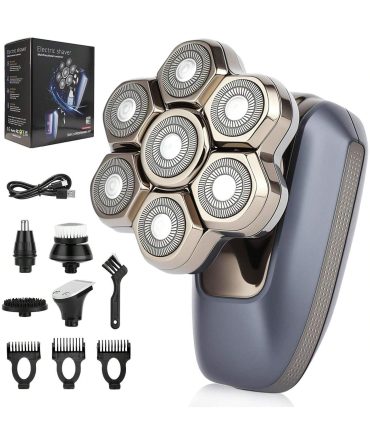 Head Shaver for Bald Men, 7D Electric Rotary Razor 5-in-1 Grooming Kit with Nose Hair Trimmer, Sideburn Clipper & Facial Brush, USB Rechargeable Wet & Dry IPX6 Waterproof Shaver with LED Display