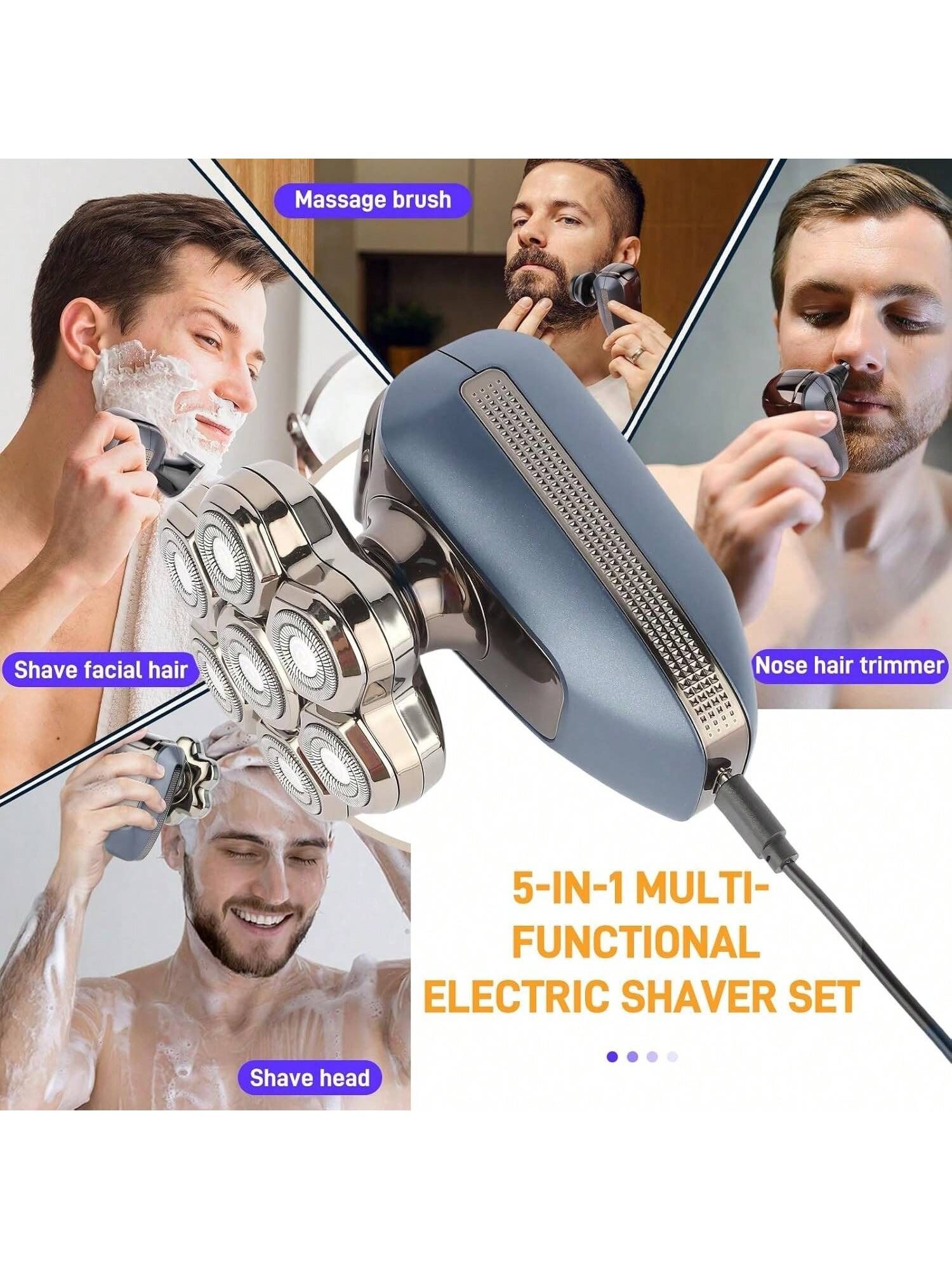 Head Shaver for Bald Men, 7D Electric Rotary Razor 5-in-1 Grooming Kit with Nose Hair Trimmer, Sideburn Clipper & Facial Brush, USB Rechargeable Wet & Dry IPX6 Waterproof Shaver with LED Display - Image 6