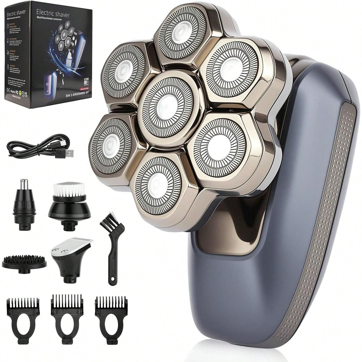 Head Shaver for Bald Men, 7D Electric Rotary Razor 5-in-1 Grooming Kit with Nose Hair Trimmer, Sideburn Clipper & Facial Brush, USB Rechargeable Wet & Dry IPX6 Waterproof Shaver with LED Display - Image 9