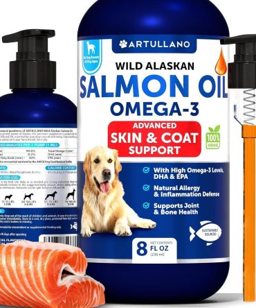 Salmon Oil for Dogs Omega 3 for Dogs 8 FL OZ Wild Alaskan Salmon Fish Oil Natural EPA & DHA Fatty Acids for Skin & Coat Allergy Joint & Bone Health Liquid Support Supplement for Shedding