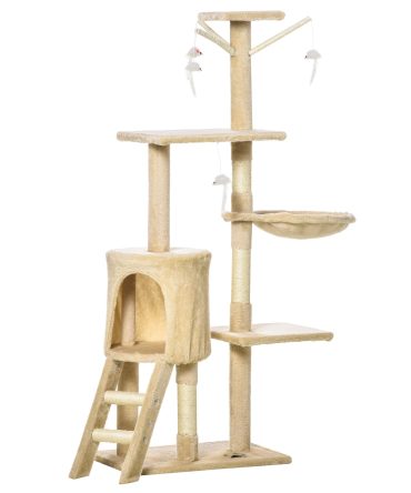53" Cat Tree Tower, Kitten Activity Centre with Scratching Posts, Condo, Perches, Ladder, Hammock, Dangling Toys, Beige