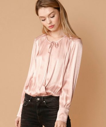Tie-Neck Long Sleeve Bodysuit in Fall Pink